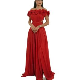 Dresses Elegant Long Red Chiffon Evening Dresses With Flowers ALine Pleats Floor Length Zipper Back Prom Dresses Robe De Soiree Formal Pa