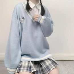 Clothing Sets Sweet Pullover Uniform Female Outwear Loose Student Knitted Tops Sweater College School V-neck Korean Japanese Style
