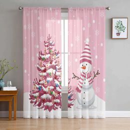 Window Treatments# Christmas Snowman Snowflake Pink Tulle Curtains for Living Room Sheer Curtain for Bedroom Christmas Blinds Voile Curtains Y240517