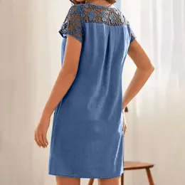 Casual Dresses 2024 Women Hollow Out Short Sleeve Lace Patchwork Buttons Pocket Knee-Length Denim Dress Ladies Solid Color Jean