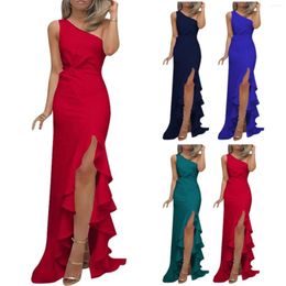 Casual Dresses Women's Slanted Neck Sleeveless Shoulder Solid Colour Dress Slit Ruffles Large Swing Evening Gown