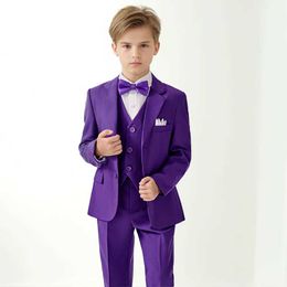 Suits Boys Purple Formal Dress Suit Set Child Performance Wedding Birthday Photography Costume Kids Blazer Vest Pants Bowtie Outfit Y240516