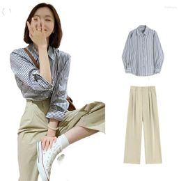 Women's Two Piece Pants Summer Set Of Korean French Striped Long Sleeved Blue Shirt And Light Coffee Wide Leg In Pieces