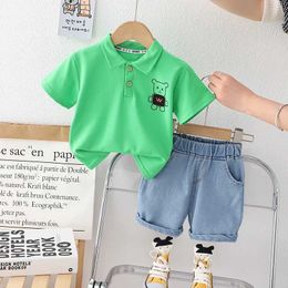 Clothing Sets 0-5 Year Old Baby Boy Summer Simple Clothes Set Childrens Fashion Cartoon Robot Polo Shirt + Denim Shorts 2-Piece Suits Y240515