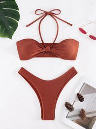 Women's Swimwear Two Pieces Swimsuit Bandage Bikinis Halter Off Shoulder Bathing Suit Summer Beachwear Low Waist Brown Bikini Set