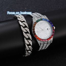 Luxury Golden Bling Hip Hop Diamond Wrist Watch With Bracelet Gift Set Fashion Watch For Men