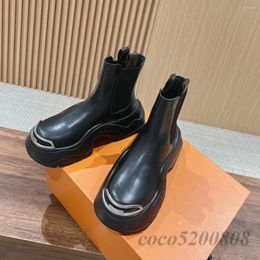 Boots Autumn Winter Woman Short Fashion Genuine Leather High Heels Ankle Flat Platform Metal Decoration Combat