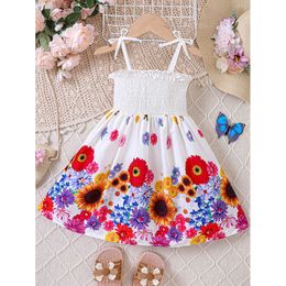 Girls 'Summer New Sweet Resort Style Strap Bow sundress + Hem Romantic Flower Series Floral Print Dress L2405