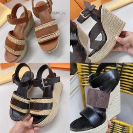 Sandals Women Starboard Wedge Platform Shoe Sandal Leather High Heels Natural Erforated Braided Classic Espadrilles Fashion Designer Leather Beach Counter Wit