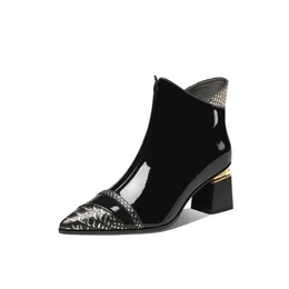 Boots Mstyle Glossy Patent Leather Snakeskin Ankle For Women Side Zip Up Block Heel Pointed Toe Handmade Black Boot Shoes