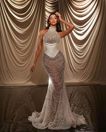 Luxury Mermaid Full Beaded Tassels White Ivory Pearl Prom Dress Aso Ebi Crystals Sequined Evening Dresses Couture Party Gowns