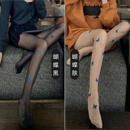Women Socks Pure Desire Style JK Loli Silk Stockings Fairy Blue Butterfly Print Black Thin Bottom Pants For