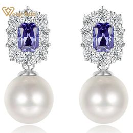 Wong Rain 100% 925 Sterling Silver 12MM Lab Pearl Sapphire Gemstone Dangle Earrings Anniversary Gift Jewelry For Women Wholesale 240507
