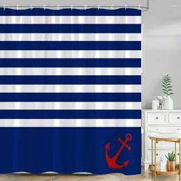 Shower Curtains Boat Anchor Curtain Vintage Stripe Navy Blue Minimalist Modern Polyester Fabric Bathroom Decorative With Hooks
