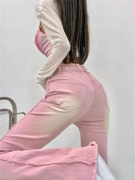 Women's Jeans Pink Grey Boyfriend Flare For Women High Waist Side Tassels Vintage Street Wide Leg Slim Skinny Ins Pants