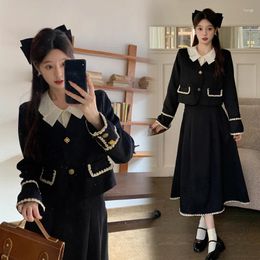 Work Dresses Autumn Winter Two Piece Set For Women Short Coats And A-line Long Skirt Suits Korean Elegant Fashion Black OL Dress 2 Sets