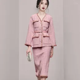 Work Dresses 2024 Est Autumn Winter Design Fashion Women Pocket Short Jacket Coats Skirt 2 Pieces Set For Ladies Tweed Runway Suits