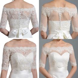 Cheap White Ivory Lace Bridal Jackets Boleros Off Shoulder Half Sleeve Buttons Covered Wedding Bride Wraps Shrug For Wedding Dresses 318j