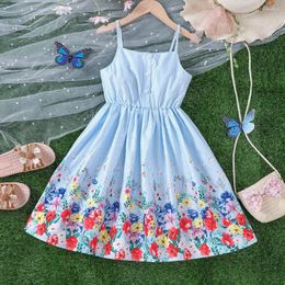 Girl Dresses 2024 Summer Arrival Girls Sleeveless Print Floral Striped Blue Designer Cute Party Princess Dress Custume 4-9T