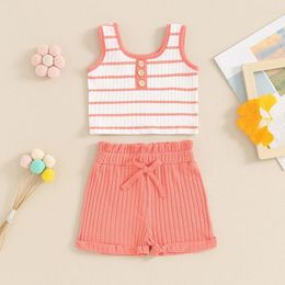 Clothing Sets Little Girl Summer Ribbed 2 Pieces Set Striped Round Neck Sleeveless Tank Tops Elastic Waist Shorts Infant Toddler Outfits