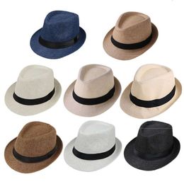 Children Kids Summer Beach Straw Jazz Panama Trilby Fedora Hat Gangster Outdoor Breathable Hats Girls Boys Sunhat L2405