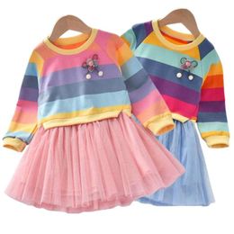 Baby Princess Autumn Sweater Fleece Gauze Tutu Dresses Children Clothing Long Sleeve Rainbow Stripes Dress For Girls L2405
