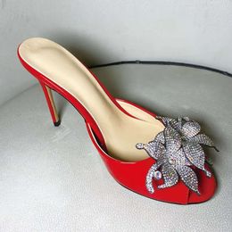 women Ladies 2024 Genuine real leather high heels summer sandals diamond 3D flower Flip-flops slipper slip-on wedding dress Gladiator sexy shoes 3 colours size 7a40