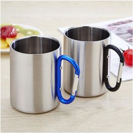 Mugs Stainless Steel Outdoor Coffee Mug Double Wall Cup Carabiner Hook Handle Cups Dh0359 Drop Delivery Home Garden Kitchen Dining Bar Dhmyv