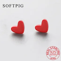 Stud Earrings SOFTPIG Real 925 Sterling Silver Tiny Red Resin Heart For Charm Women Wedding Party Fine Jewelry Accessories Gift