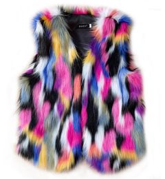 Rainbow Fur Coat Fluffy Faux Vest Women Winter Warm Colorful Spliced Waistcoat Ladies Artifical Plus Size Coat11833941