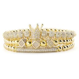 3pcsset luxury goldene Perlen Royal King Crown Würfel Charm CZ Ball Armband Mode Armbänder für Männer Schmuck 6935284