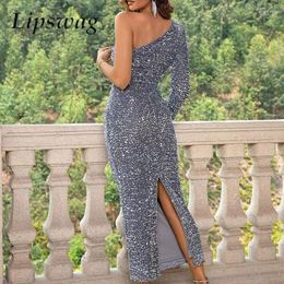 Casual Dresses Sexy Skew Collar Backless Tight Evening Gown Women Fashion Slim Fit Bodycon Long Dress Elegant One Shoulder Sequin Glitter