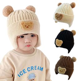 Cartoon Bear Baby for Girls Boys Winter Knit Beanies Hat with Pompom Ball Toddler Infant Head Cover Earflap Cap L2405