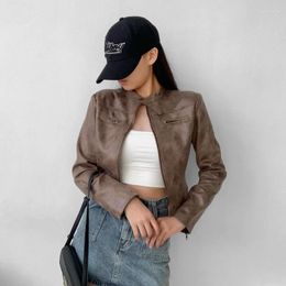 Women's Jackets Women Motocross Style Faux Leather Cropped Biker Jacket With Press-stud Closure High Collar V659