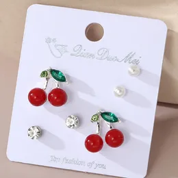 Stud Earrings Fruit Cherry Rhinestone Pearl Round Ball Ear Studs Set Crystal Flower Imitation Fashion Ladies Jewellery Gifts