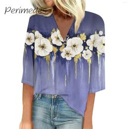 Women's T Shirts Summer Blouse Floral Printed Casual Loose Boho 3/4 Sleeved Basic Tunic Graceful V-Neck Tops 2024 Fashion