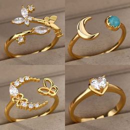 Band Rings Vintage Heart shaped Zircon Adjustable Ring Suitable for Women Stainless Steel Gold Wedding Ring Womens Aesthetic Jewellery Anillos Mujer J240516