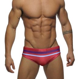 Men's Swimwear Sexy Ultra Low Waist Swimwear Men Striped Swimming Briefs Summer Male Quick Dry Push Pad Bathing Suit Sport Beach Surfing Trunks Y240518