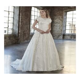 2019 New Lace Modest Wedding Dresses With Cap Sleeves Boat Neck Buttons Back A-line Country Western LDS Bridal Gowns Modest Custom Made 327h