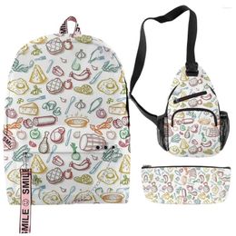 Backpack Hip Hop Funny Cartoon Food 3D Print 3pcs/Set School Bags Multifunction Travel Chest Bag Pencil Case