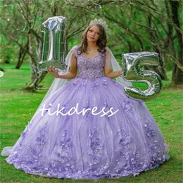 Princess Lavender Quinceanera Dresses Charro 2024 Elegant Cape Sleeves 3D Florals Plus Size Vestio De 15 Xv Anos Sixteen Birthday Dress Beaded Masquerade Party Gown