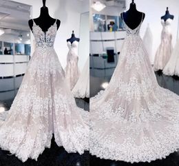Novos vestidos deslumbrantes de noiva de sereia de renda novos spaghtti tiras de uma linha vestidos de noiva