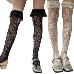 Women Socks Geometric Fishnet Mesh Thigh High Sock Ruffle Lace Over Knee Stockings