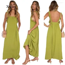 Casual Dresses 2024 Summer Beach Midi Dress Chic Ruffle Women Boho Long Strap A Line Loose Robe Vacation Backless Clothing