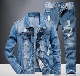 2021 Light Blue Men039s Tracksuits Spring Autumn Fashion Casual Men Ripped Hole Long Sleeve Jacket and Jeans 2 Piece Set Couple7289222
