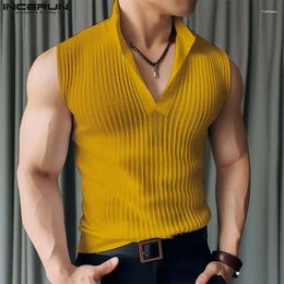 Men's Tank Tops Fashion Well Fitting INCERUN Solid Knitted Texture Design Vests Casual Simple Stand Collar Sleeveless S-5XL