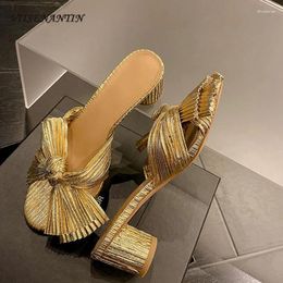 Slippers Gold Women Bowknot Design Gladiator Sandals Fish Mouth Chunky High Heel Dress Pumps Summer Outside Mullers Beach Slides