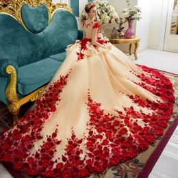 Red Romantic Princess Wedding Gowns Illusion Neck Beaed 3D-Floral Appliques Cap Sleeve Bridal Dresses Gorgeous Cathedral Train Wedding 271P