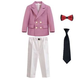 Suits Boys Girls Pink Jacket Pants Bowtie+Tie Photography Suit Children Formal Wedding Ceremony Costume Kids Performance Party Dress Y240516