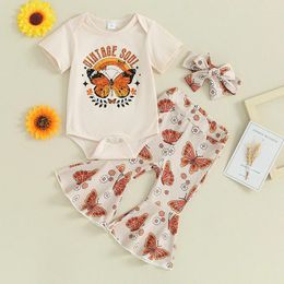 Clothing Sets Fashion Born Baby Girls 3 Piece Outfit Butterfly Print Short Sleeves Romper And Flare Pants Headband Summer Clothes
